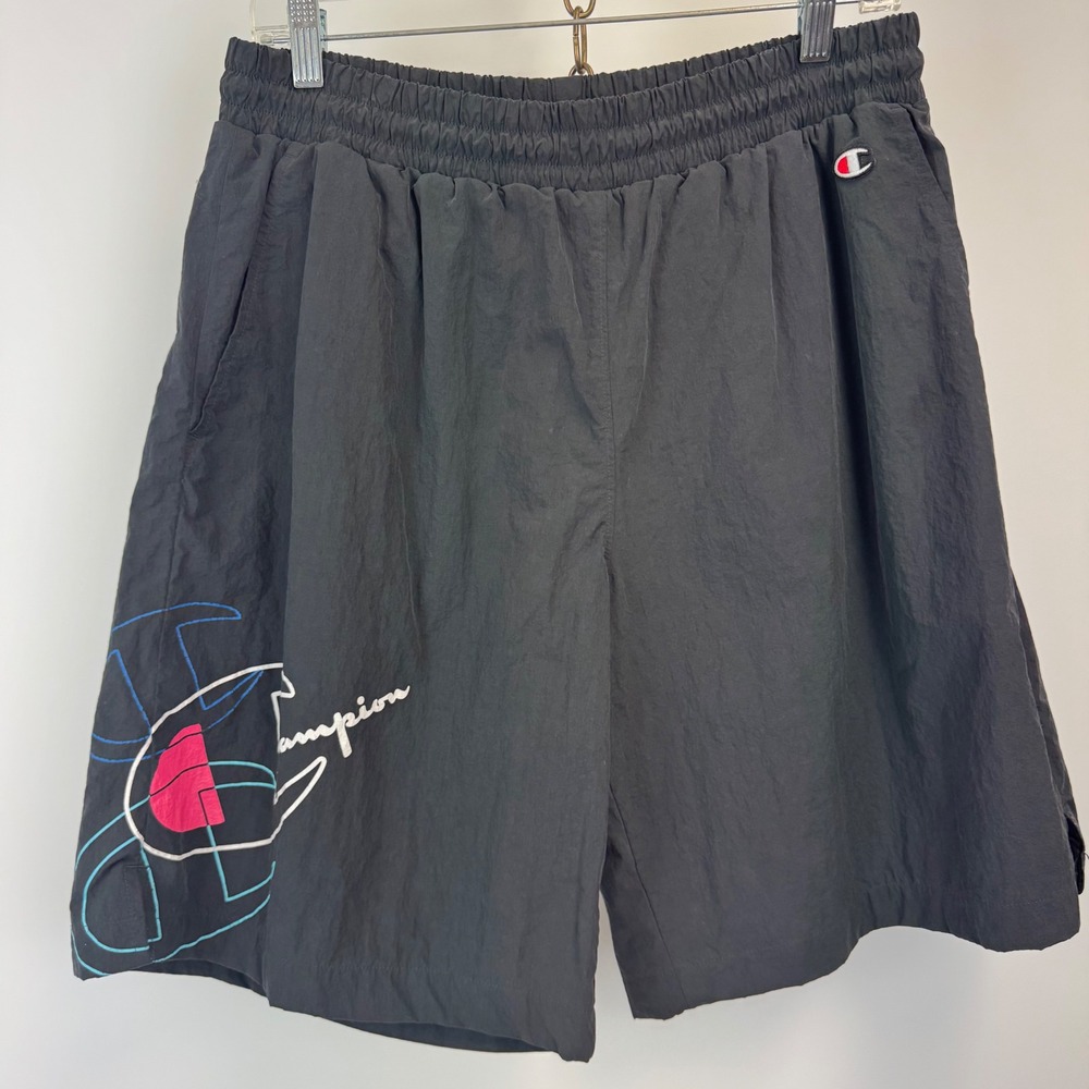 Champion Logo Athletic Swim Shorts Large‎ Charcoal Gray Mesh Lined Retro Graphic